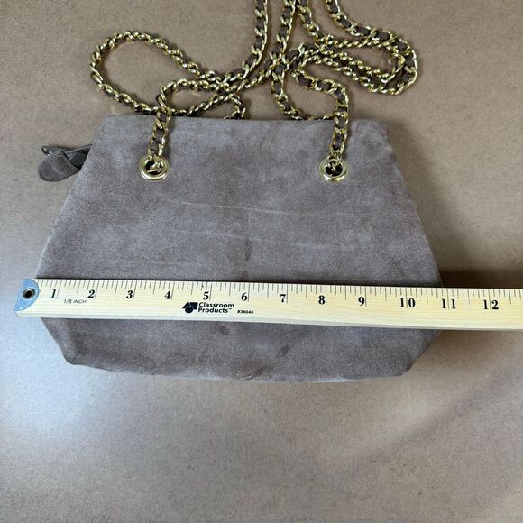 Taupe Suede Shoulder Bag with‎ Gold Chain Strap Classic Purse - Picture 6 of 10